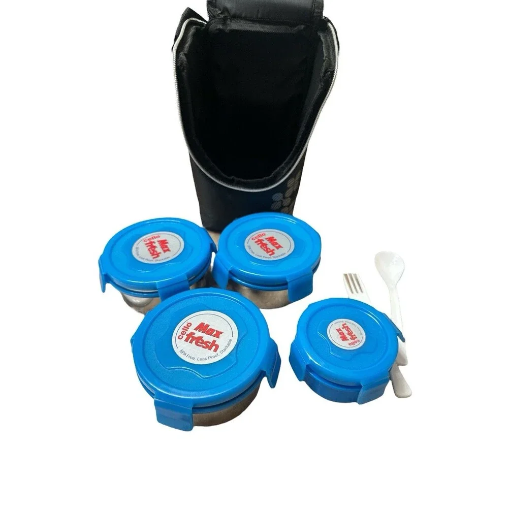 NEW Cello Max Fresh Click Steel Leakproof Lunch Box Set with Bag 4 Containers